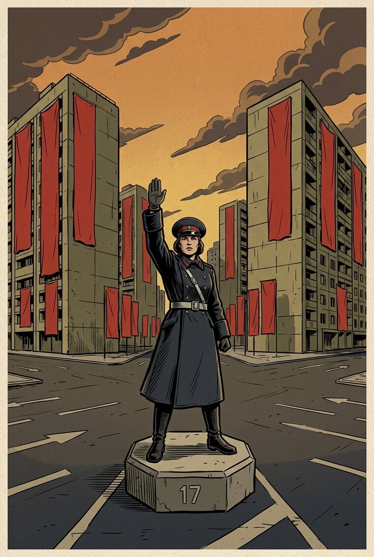 Recruitment-poster key art: a female marshal in a navy greatcoat salutes from an octagonal podium marked 17, khaki apartment blocks hung with plain red banners behind her.